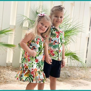 Girls Hawaiian Dress, Boys Hawaiian Shirt, Luau Outfit, Matching Sibling Clothing, Matching Family Hawaiian Outfits