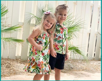 Girls Hawaiian Dress, Boys Hawaiian Shirt, Luau Outfit, Matching Sibling Clothing, Matching Family Hawaiian Outfits