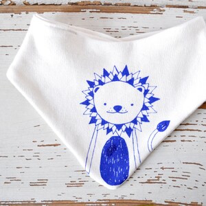 Baby Bib - Organic Cotton Jersey - White with Bright Blue Lion Print - Eco Friendly Dribble Drool Teething Bandana Scarf