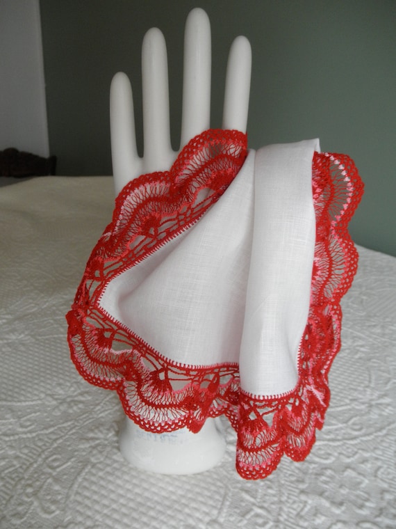 Vintage Hankie White, Linen, Wide Crochet on All … - image 1