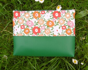 Bi-material marine makeup bag imitation leather and floral cotton