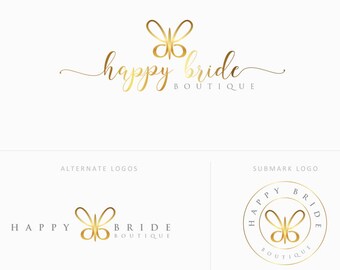 Simple Butterfly -Premade Photography Logo and Watermark, Classic Elegant Script Font GOLD GLITTER butterfly children Calligraphy Logo