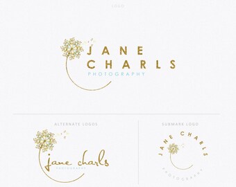 Dandelion Logo 6- Premade Photography Logo and Watermark, Classic Elegant Script Font gold glitter dandelion children Calligraphy Logo