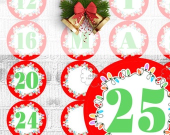 Printable Advent Calendar - Countdown Christmas - Red Circle Labels with Numbers 1-25 and Letters MERRY CHRISTMAS - instant download