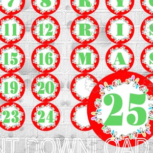 Printable Advent Calendar Countdown Christmas Red Circle Labels with Numbers 1-25 and Letters MERRY CHRISTMAS instant download image 2