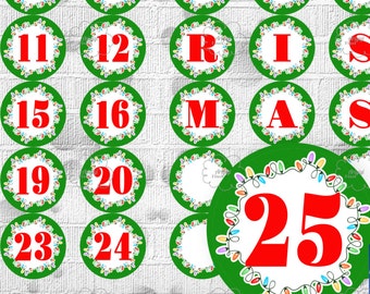 Countdown to Christmas - Printable Advent Calendar labels - Green Numbers 1-25 and Letters MERRY CHRISTMAS for download