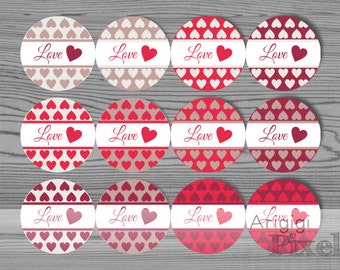 Printable Valentines Day Label Template, Love Round Stickers, red hearts stickers 2.5'', Valentine gift tags round