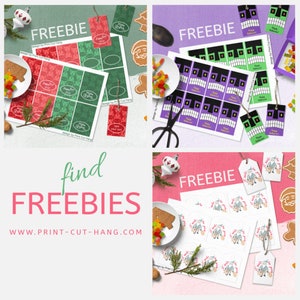 Pu&ograve; includere: Un collage di etichette regalo e stampabili a tema festivo. I disegni includono Natale, Halloween e Babbo Natale. La parola "FREEBIE" &egrave; stampata in cima a ogni foglio. &Egrave; visibile anche il sito web www.print-cut-hang.com.