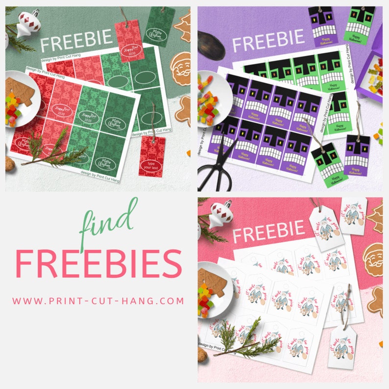 Pu&ograve; includere: Un collage di etichette regalo e stampabili a tema festivo. I disegni includono Natale, Halloween e Babbo Natale. La parola "FREEBIE" &egrave; stampata in cima a ogni foglio. &Egrave; visibile anche il sito web www.print-cut-hang.com.