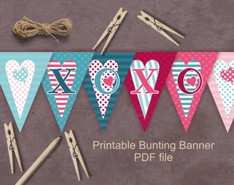 Valentine XOXO bunting  banner - printable Valentine's Day decoration - pink teal hearts pennants PDF file download for DIY