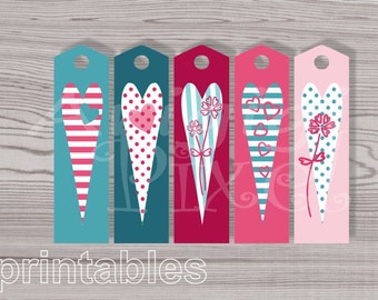 Instant Download Valentine Hearts Printable Bookmark, Long Gift Tags, Pink and Teal bookmarks PNG PDF