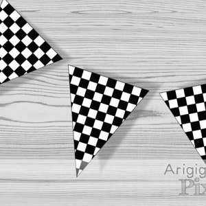 printable checkered pennants, black and white boy birthday party banner, race finish line flags, download