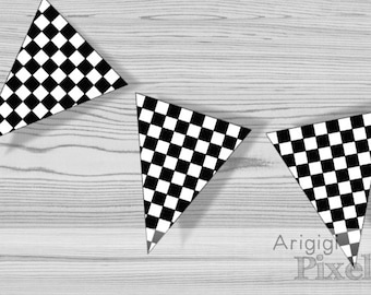 gagliardetti a scacchi stampabili, striscione per festa di compleanno per bambini in bianco e nero, bandiere per traguardo di gara, download
