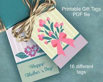 etichette regalo stampabili con bouquet di fiori primaverili - set verde viola di 16 etichette uniche per lei - Festa della mamma - download PDF