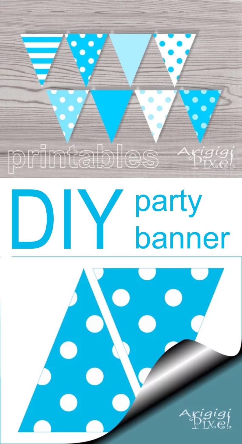for Birthday Party Baby Shower PDF files Polka Dots /& Stripes Printable Pennants Blue Baby Boy Party Banner
