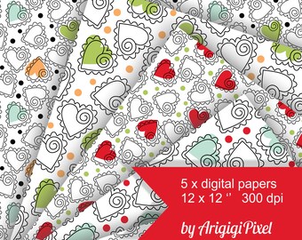 Seamless Hearts Digital Paper Set - Hand Drawn Love Symbol Pattern - White with Color Drops - Valentine Scrapbooking Download