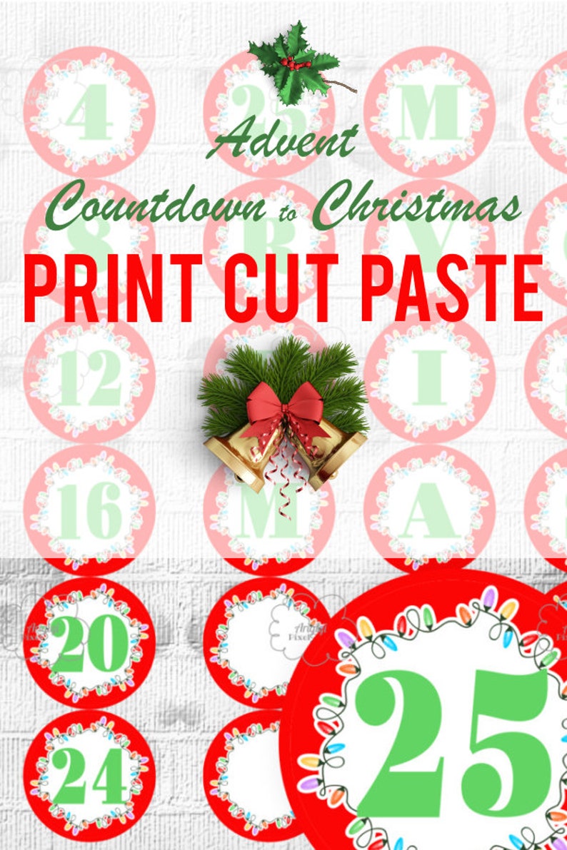 Printable Advent Calendar Countdown Christmas Red Circle Labels with Numbers 1-25 and Letters MERRY CHRISTMAS instant download image 1