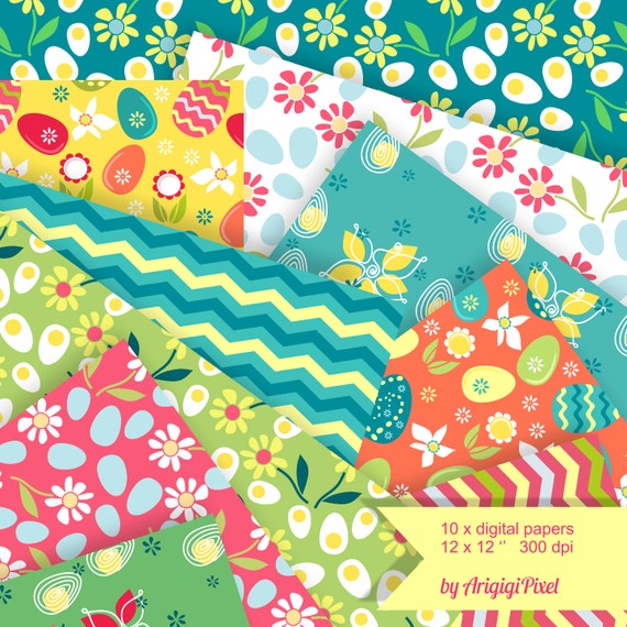 Spring Easter Digital Papers - collage sheet with Easter eggs and spring flowers in blue, yellow, green, pink colors Il_570xn