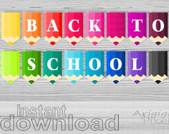 back to school classroom banners, printable banners decoration, multi colored pencils banner PDF instant download