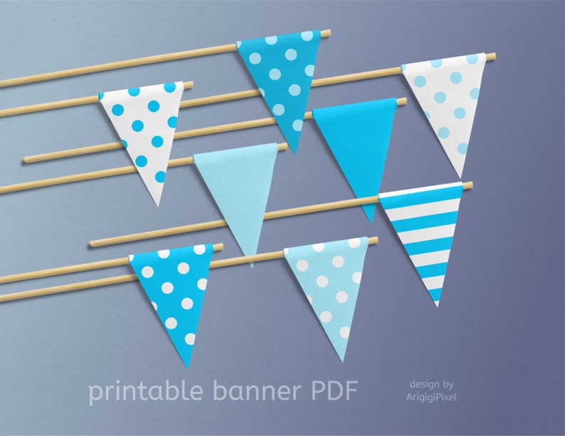 for Birthday Party Baby Shower PDF files Polka Dots /& Stripes Printable Pennants Blue Baby Boy Party Banner