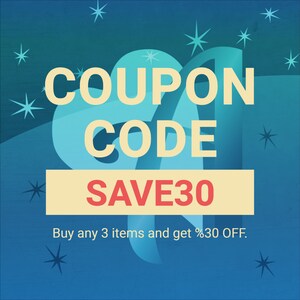 Pu&ograve; includere: Una grafica blu e turchese con le parole "COUPON CODE" in un carattere beige chiaro. Sotto, un rettangolo beige dice "SAVE30" in rosso. Il testo "Buy any 3 items and get %30 OFF" &egrave; in basso.