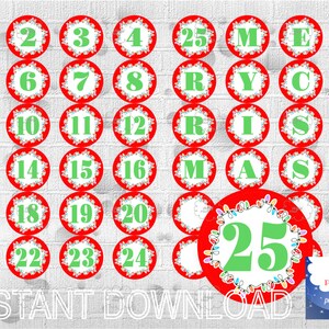 Printable Advent Calendar Countdown Christmas Red Circle Labels with Numbers 1-25 and Letters MERRY CHRISTMAS instant download image 3