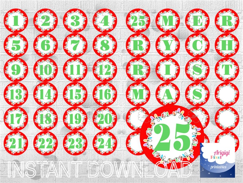 Printable Advent Calendar Countdown Christmas Red Circle Labels with Numbers 1-25 and Letters MERRY CHRISTMAS instant download image 3
