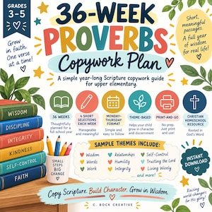 May include: A 36-week Proverbs copywork plan for upper elementary students featuring a stack of six colorful books labeled Wisdom, Discipline, Integrity, Kindness, Self-Control, and Faith next to a cup holding four colored pencils and text.