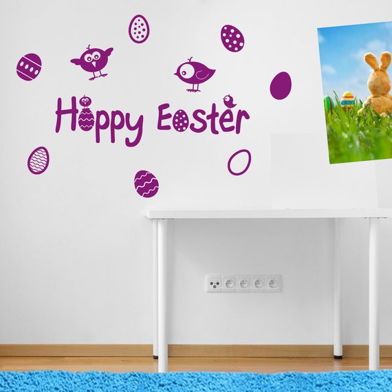 16 Coloured EGGS-Happy Easter self-adhesive Vinyle Sticker-Home Decor