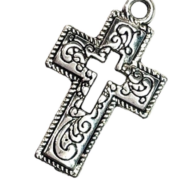 Antique Silver Cross with Openwork Charms Pewter Crucifix Pendant for DIY Bracelets and Necklaces or Keychains Spiritual Jewelry