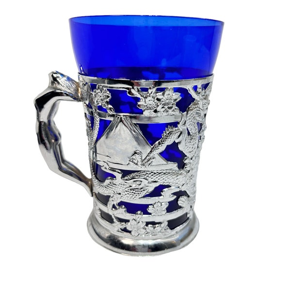 Asian Silver Tankard Blue Cobalt Glass Stein Naked Woman Handle Exotic Figurehead Dragon Pagoda Mt Fugi stunning Art Deco Gift for Father