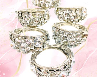 Crystal Napkin Ring Holders, 2-Inch Set of 6 Silver Sparkle Rhinestone Crystals Table Decor