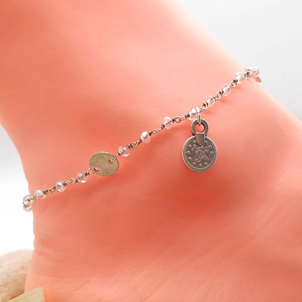 Anklet, Quartz Crystal Ankle Bracelet with Silver Discs and Coin - Anklet, Ankle Bracelet, Boho, Gypsy, Beach Jewelry