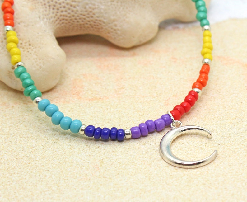 Beaded Rainbow Choker with Moon / Rainbow Necklace / Chakra Colors / LGBTQ Jewelry / Moon Goddess Necklace image 2