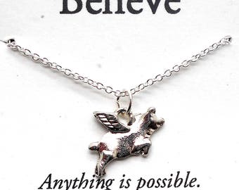 Believe Necklace, When Pigs Fly, Minimalist Necklace, Dainty, Tiny Necklace, Pig Necklace, Flying Pig, Believe, Gift under 25