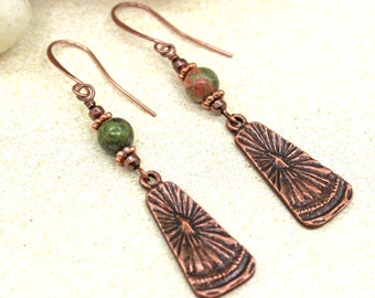 Lightweight Copper Dangle Earrings / Unakite and Copper Dangle Earrings / Copper / Unakite / Hematite / Dainty Earrings