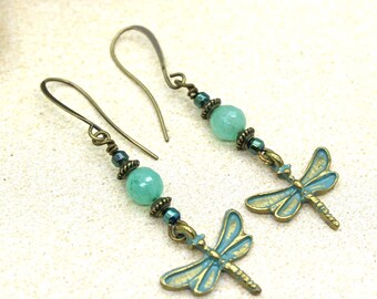 Dragonfly Dangle Earrings / Antique Bronze and Gold Earrings / Dragonfly Earrings / Amazonite / Hematite / Antique Gold Earrings