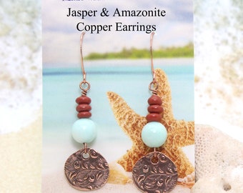 Lightweight Copper Dangle Earrings / Jasper and Amazonite Copper Dangle Earrings / Healing Gemstone Earrings