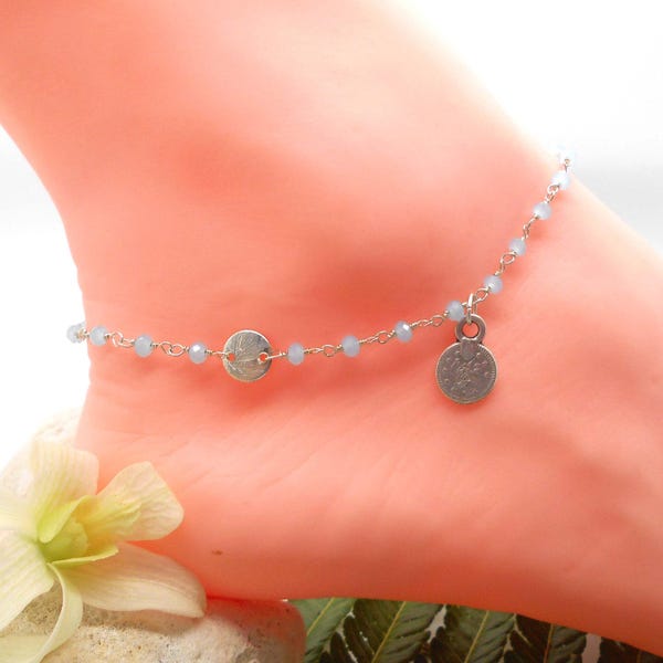 Anklet, Blue Chalcedony Beaded Ankle Bracelet with Silver Coin - Anklet, Ankle Bracelet, Boho, Gypsy, Beach Jewelry
