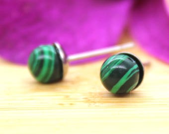 Hypoallergenic Earrings, Tiny Malachite Post Earrings - Minimalist, Tiny Stud Earrings, Malachite Earrings, Stainless Steel Post Earrings