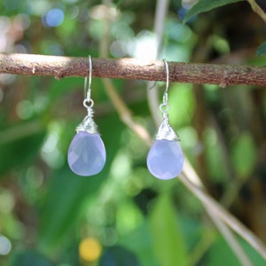 Drop Earrings, Purple Chalcedony Faceted Briolette Wire Wrapped Silver Earrings - Dangle Earrings, Purple Earrings