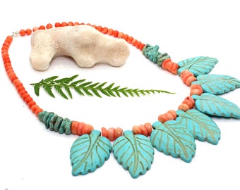 Turquoise and  Pink Coral Necklace, Throat Chakra, Chakra Jewelry, Leaf Necklace, Nature Inspired, New Beginnings, Statement Necklace