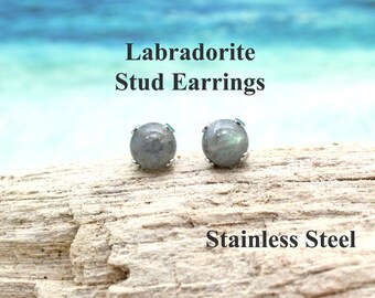Stainless Steel Labradorite Studs / Hypoallergenic Earrings / Post Earrings / Minimalist / Stainless Steel Earrings / Chakra Earrings