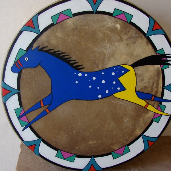 Handpainted Native American Elk Hide Hand Drum- Blue Appaloosa Horse