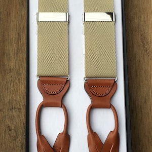 MORGAN CANVAS SUSPENDERS - Tan With Vegetable Tanned Leather & Vintage Ribbon Suspenders Perfect For Weddings Or Father-In-Law Gift.