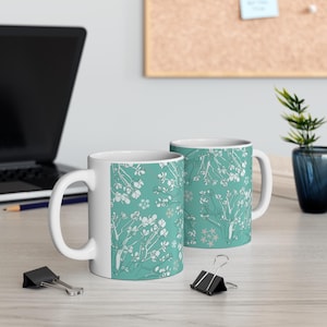 Succulent Floral Pattern Mug by Inkwell Designs | Lucky Jade Teal Ceramic Tea Coffee Cup
