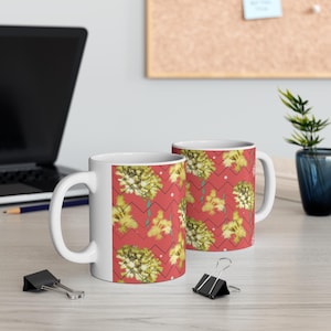 Red Coral and Anemone Pattern Mug by Inkwell Designs | Friendly Anemones Ceramic Tea Coffee Cup