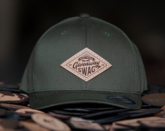 12 Custom Flexfit 6277 Twill Cap Leather Patch Hat, Fitted Cap Sizes S/M, L/XL, *XL/XXL, Company Logo, or Personal Design