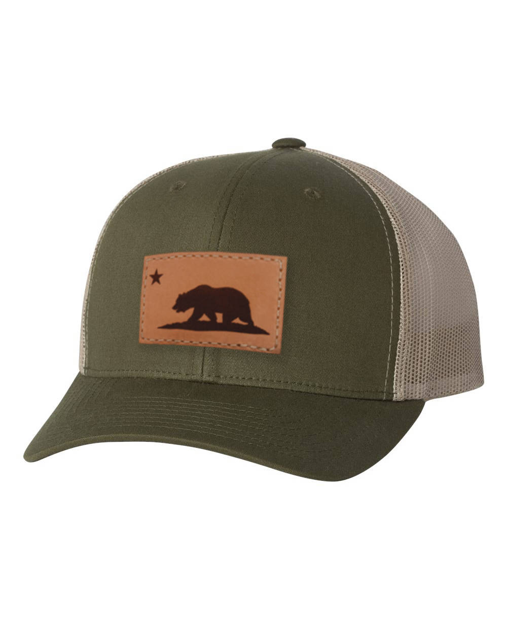 California Republic Genuine Leather Patch Camo Yupoong Snapback Trucker Hat Luxe Leather Patch Flat Bill 7 Panel Trucker Hat - California  main image 2