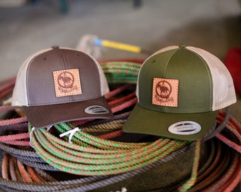 100 Custom Yupoong 6606 Retro Trucker Leather Patch Hats, Company Logo or Personal Design